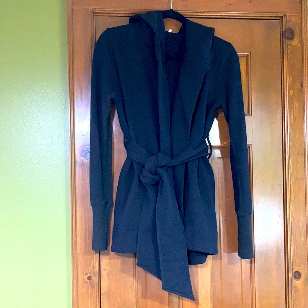 Black Hooded Wrap-Front Women's Top - Picture 4 of 7